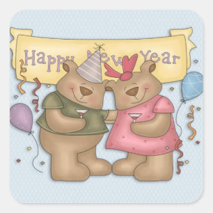 Sticker Carré Bonne année, ours mignons