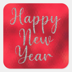 Sticker Carré Bonne année Parties scintillant d'argent sur Red M