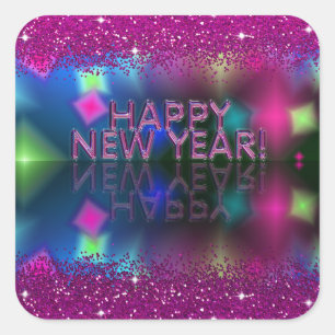 Sticker Carré Bonne année !   Parties scintillant rose Faux