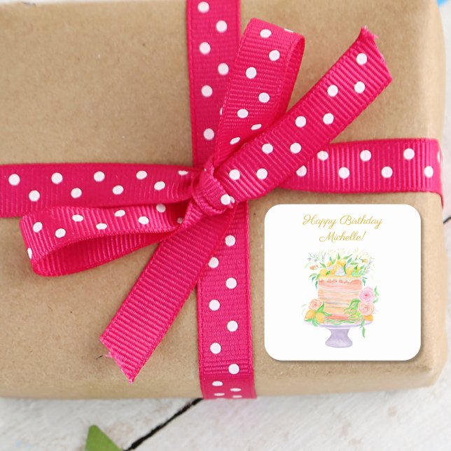 Sticker Carré Bonne aquarelle d'anniversaire Gâteau floral citro (Créateur téléchargé)