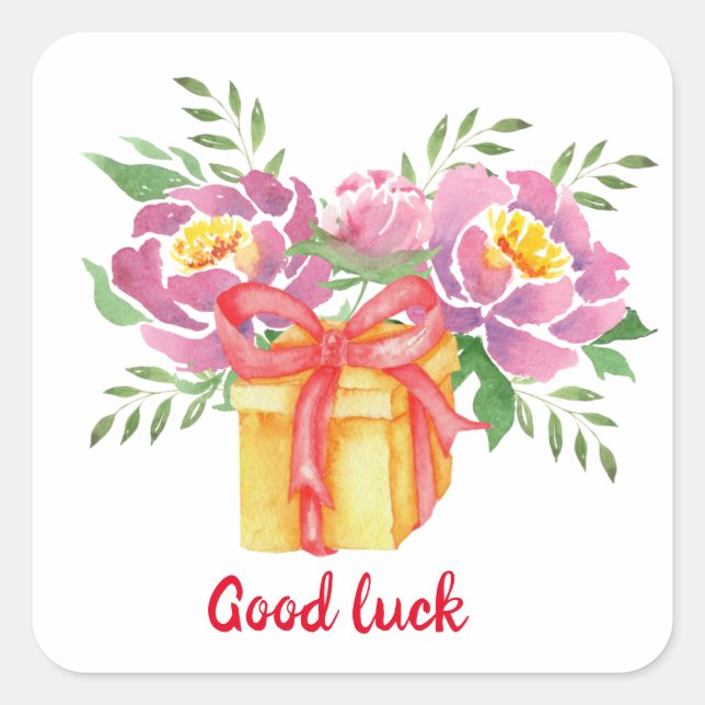 Sticker Carré Bonne chance Aquarelle pivoines mignonnes (Devant)