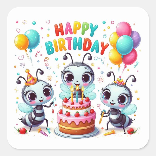 Sticker Carré Bonne fête d'anniversaire de belles abeilles (Devant)