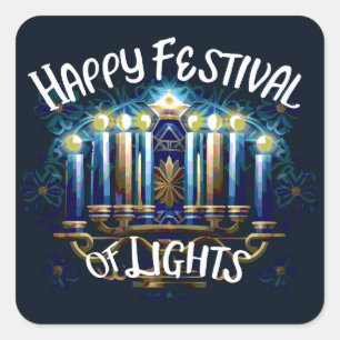 Sticker Carré Bonne fête des lumières Hanoukka Menorah