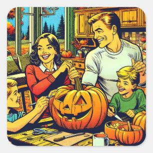 Sticker Carré Bonne Halloween Nostalgale Citrouilles de la sculp