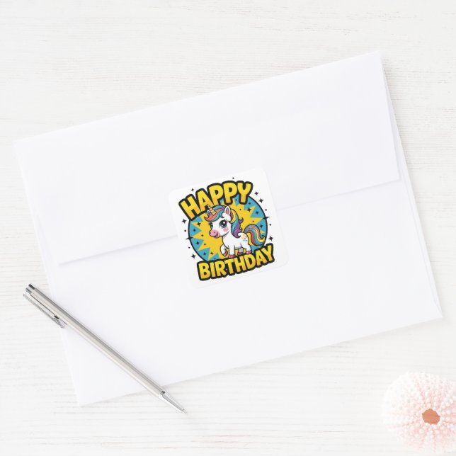 Sticker Carré Bonne licorne d'anniversaire (Enveloppe)