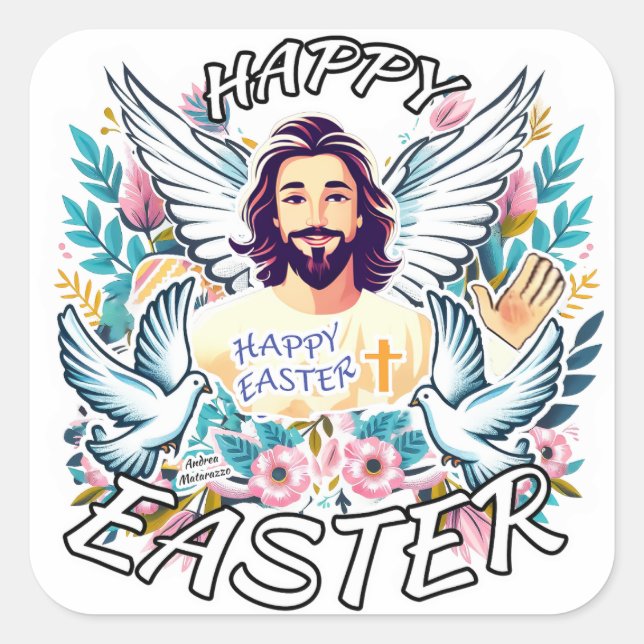 Sticker Carré Bonne Pâques avec Jésus (Devant)