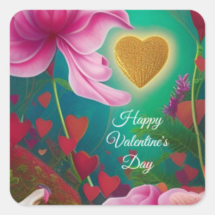 Sticker Carré Bonne Saint Valentin - Fleurs et Coeurs roses