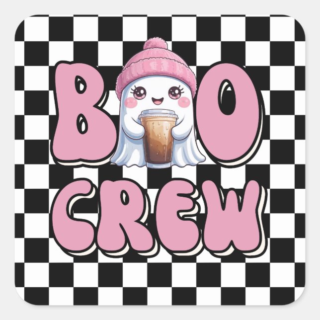 Sticker Carré Boo Crew Fantôme rose avec café glacé Personnalisé (Devant)