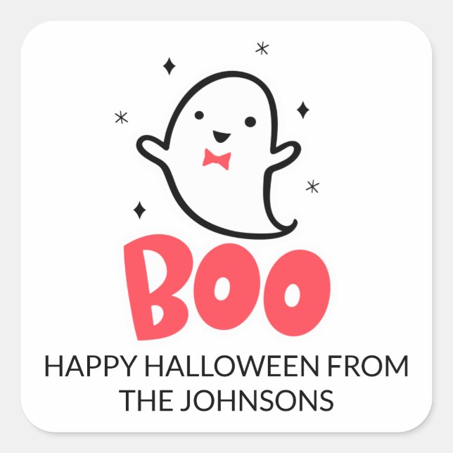 Sticker Carré Boo, Fantôme Mignon, Halloween (Devant)