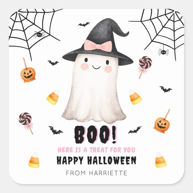 Sticker Carré Boo Happy Halloween Cute Ghost (Devant)