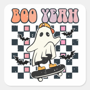 Sticker Carré Boo Ouais - Retro Cute Ghost Skateboard