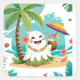 Sticker Carré Boo tropical - Kawaii Hawaiian Ghost Vacances