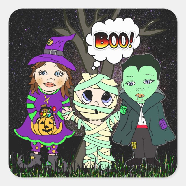 Sticker Carré Boo ! Vampire, sorcière et maman Halloween (Devant)