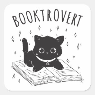 Sticker Carré Booktrovert chat avec livre et étoiles