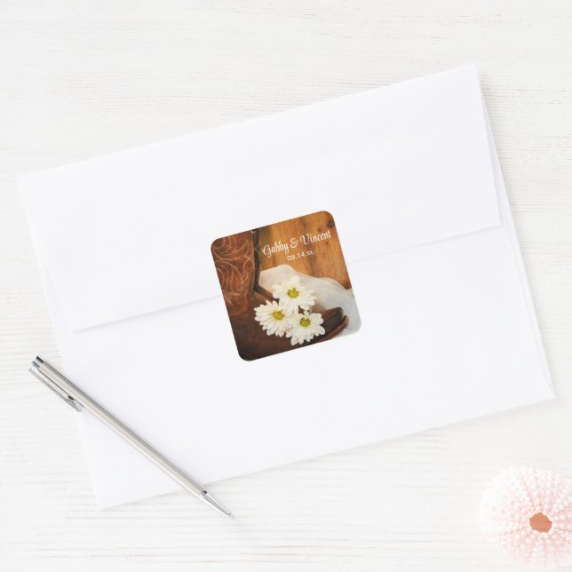 Sticker Carré Boots de cowboy blanc de marguerites Pays Mariage  (Enveloppe)