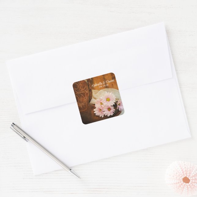 Sticker Carré Boots de cowboy rose Daisées Mariage occidental (Enveloppe)