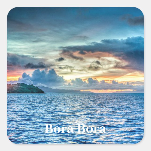 Sticker Carré Bora Bora beau coucher de soleil, étiqueté, (Devant)