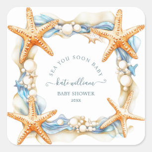 Sticker Carré Bord de mer chic mer bleue à bientôt Baby Shower