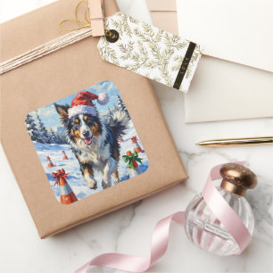 Sticker Carré Border Collie Chien Noël Neige Agilité Amusement
