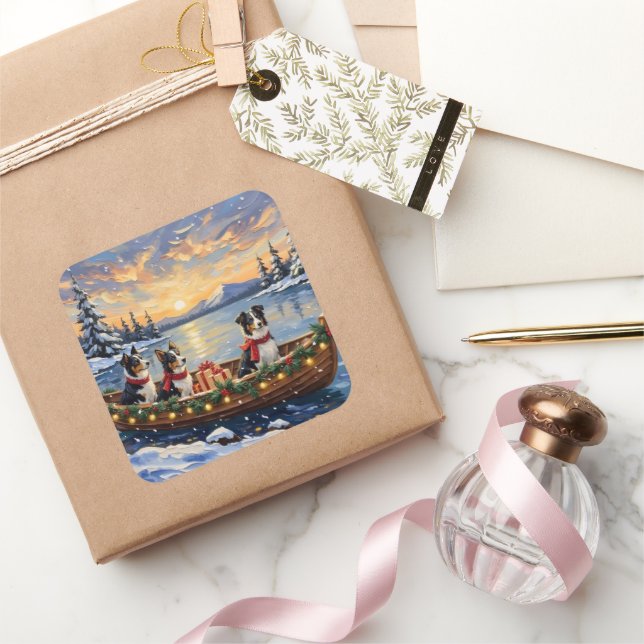 Sticker Carré Border Collie Christmas Boat Holiday (Cadeaux)