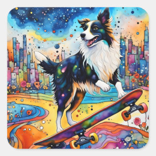 Sticker Carré Bordure Collie Skateboard