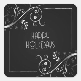 Sticker Carré Bordure Florale Métallique Joyeuses Fêtes