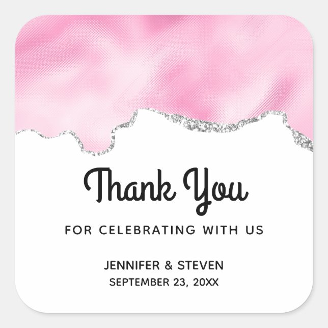 Sticker Carré Bordure Parties scintillant rose et argent Mariage (Devant)
