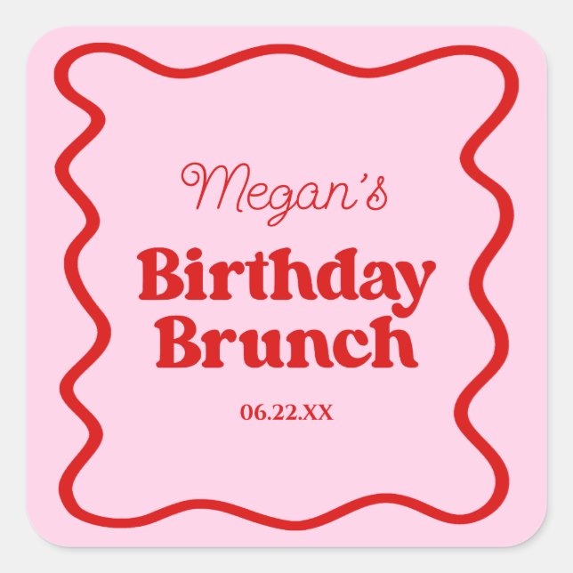 Sticker Carré Bordure rouge rose Vague Anniversaire Brunch Party (Devant)