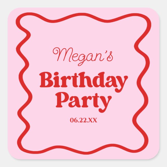 Sticker Carré Bordure rouge rose vague fête d'anniversaire (Devant)