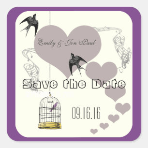 Sticker Carré Bordures violettes Cage d'oiseaux et Coeurs Mariag