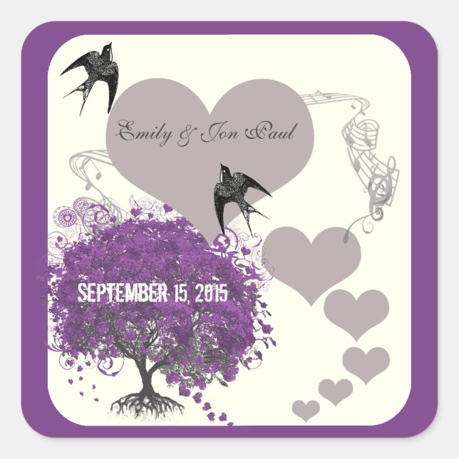 Sticker Carré Bordures violettes Mariages de feuilles de coeur d (Devant)