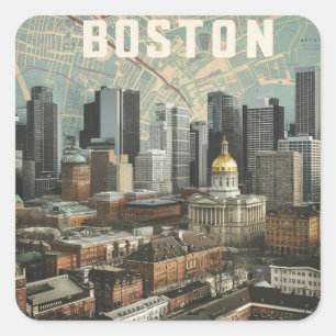 Sticker Carré Boston, Boston Massachusetts Ciel Urbain Avec Cart