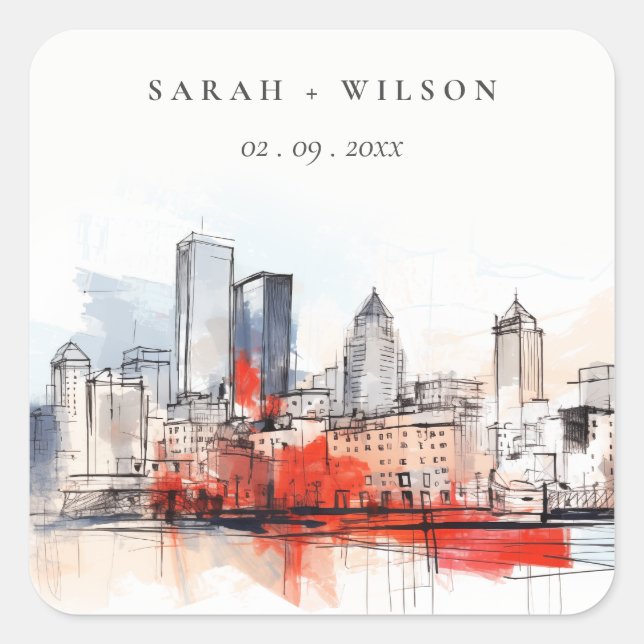 Sticker Carré Boston Massachusetts City Scape Mariage d'aquarell (Devant)