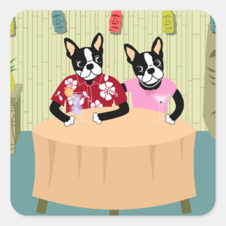 Sticker Carré Boston Terrier Boy & Girl