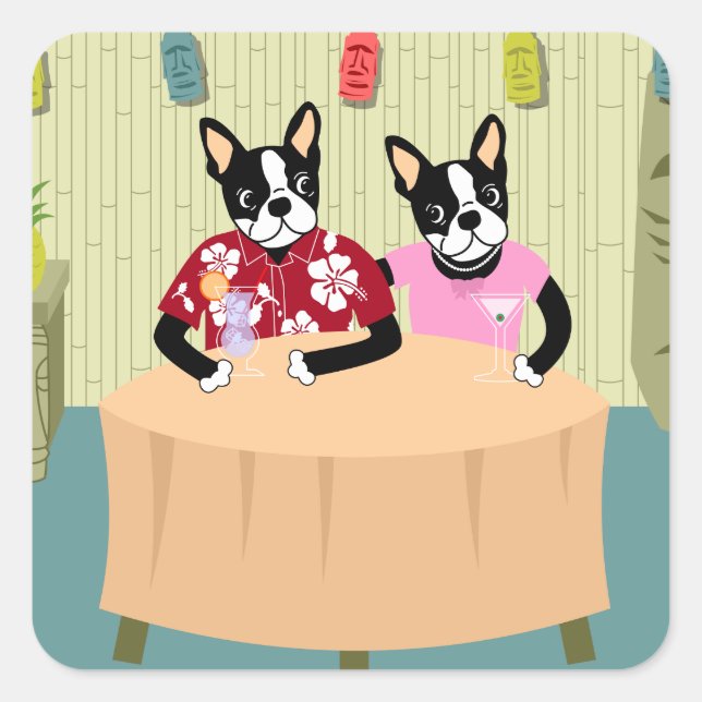 Sticker Carré Boston Terrier Boy & Girl (Devant)