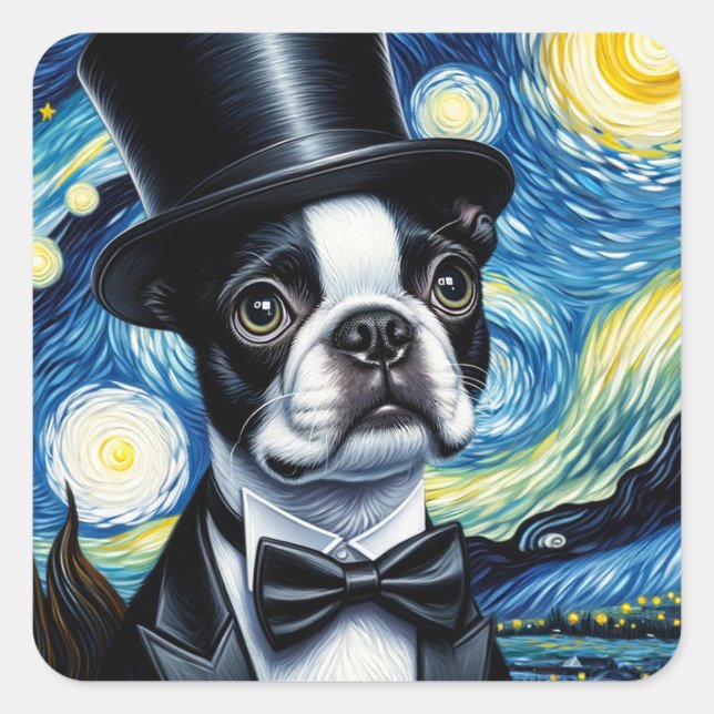 Sticker Carré Boston Terrier dans un Tophat Van Gogh (Devant)