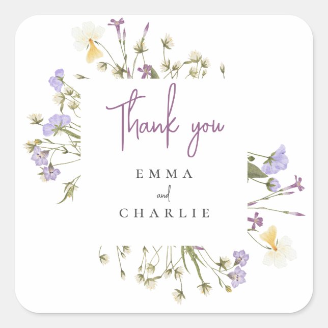 Sticker Carré Botanique Boho Fleur sauvage lilas Script mariage (Devant)