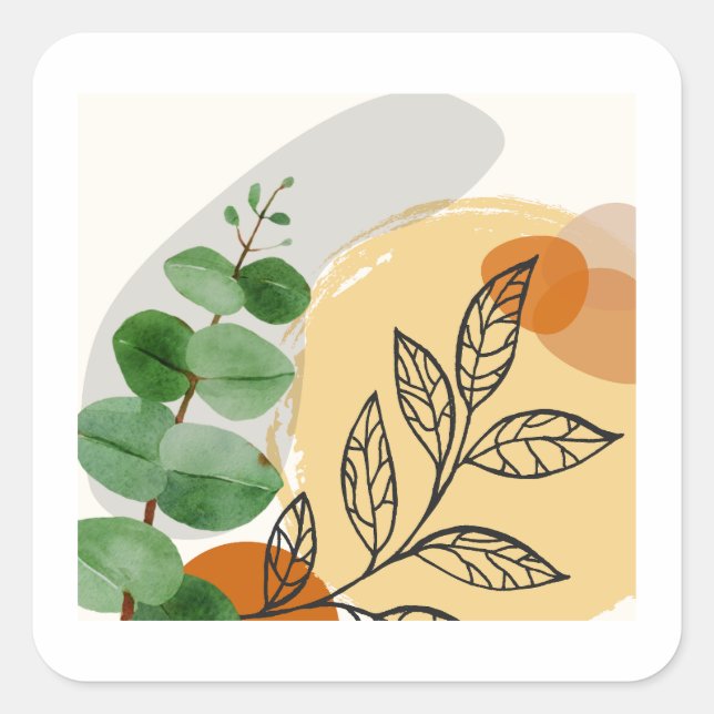 Sticker Carré Botanique Boho Green Orange (Devant)