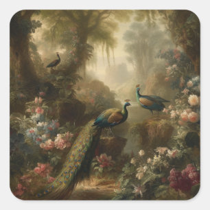 Sticker Carré Botanique : trois paons dans le jardin anglais