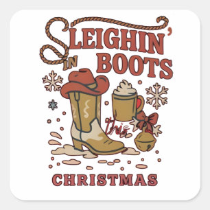 Sticker Carré Bottes de traîneau ce Noël drôle ouest cowboy  