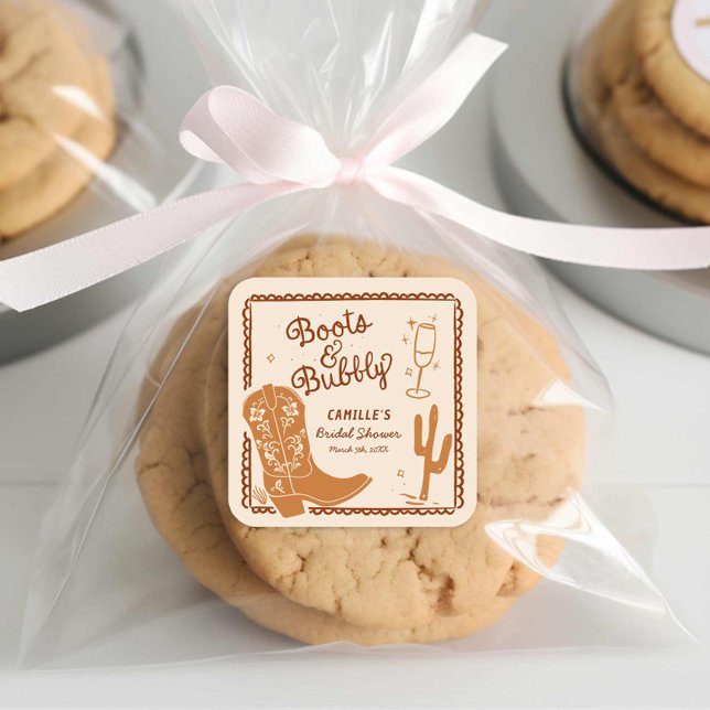 Sticker Carré Bottes et Pétillant Dessinés à la Main Occidental (Boots and Bubbly Hand Drawn Whimsical Bridal Shower sticker)