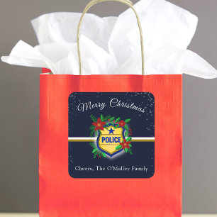 Sticker Carré Bouclier de police avec poinsettias Joyeux Noël