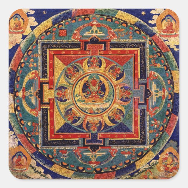 Sticker Carré Bouddha Mandala Tibétain antique Thanka (Devant)