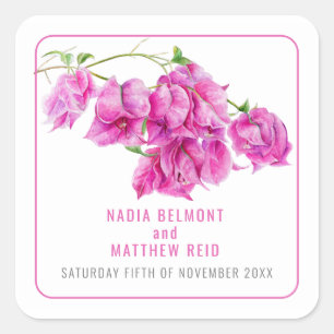 Sticker Carré Bougainvillea rose aquarelle mariage faveur