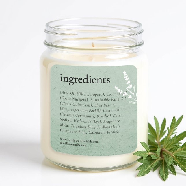 Sticker Carré Bougie artisanale Emballage de produit Sage Green (handmade artisanal homemade candle soap label gifting christmas bridal baby shower kraft botanical)