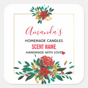 Sticker Carré Bougie florale moderne rouge vert et or Noël