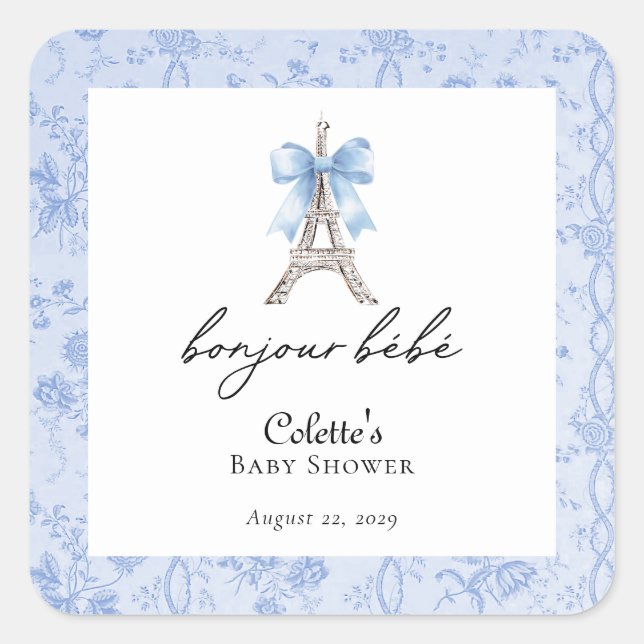 Sticker Carré Boujour Bebe Paris Toile Baby shower bleu (Devant)
