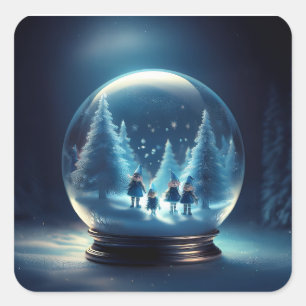 Sticker Carré Boule à neige avec 4 petits lutins et flocons de n