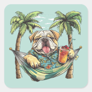 Sticker Carré Bouledogue Anglais en Haut Hawaïen