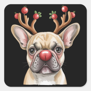 Sticker Carré Bouledogue Français Renne Amoureux des Chiens Noël